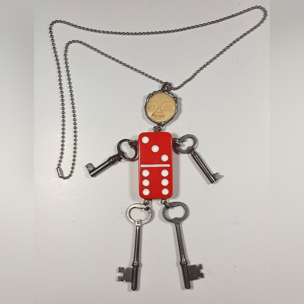 Domino Bakelite Figurine with Skeleton Keys Necklace